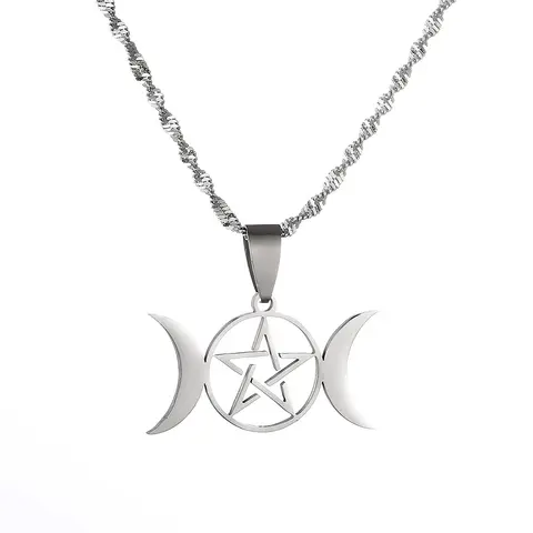 Pentagram Triple Moon Goddess Pendant Chain for Women Men Stainless Steel Crescent Star Wicca Jewelry