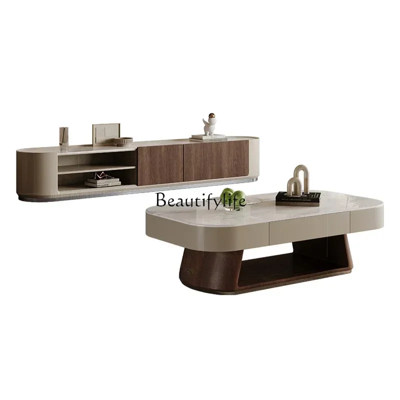 

ls 2755Ancient coffee table TV cabinet combination in the living room Solid wood light luxury high-end cream style square