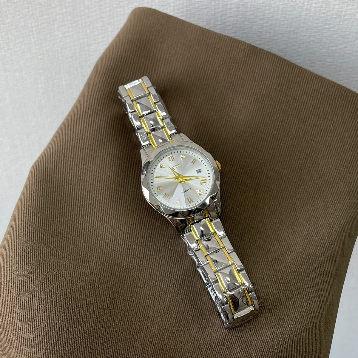 CILOA-Women Quartz Watch Two Tone Stainless Steel Strap White Dial Date Elegant Wristwatch Reloj Mujer-208