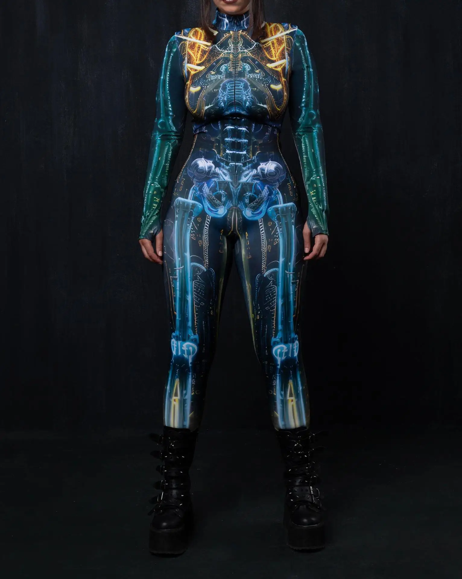 Halloween Damen Cyberpunk Roter Pfauenfeder-Jumpsuit Party Rollenspiel Steampunk Halloween Festtagskostüm Stretch-Bodysuit – Detail 2