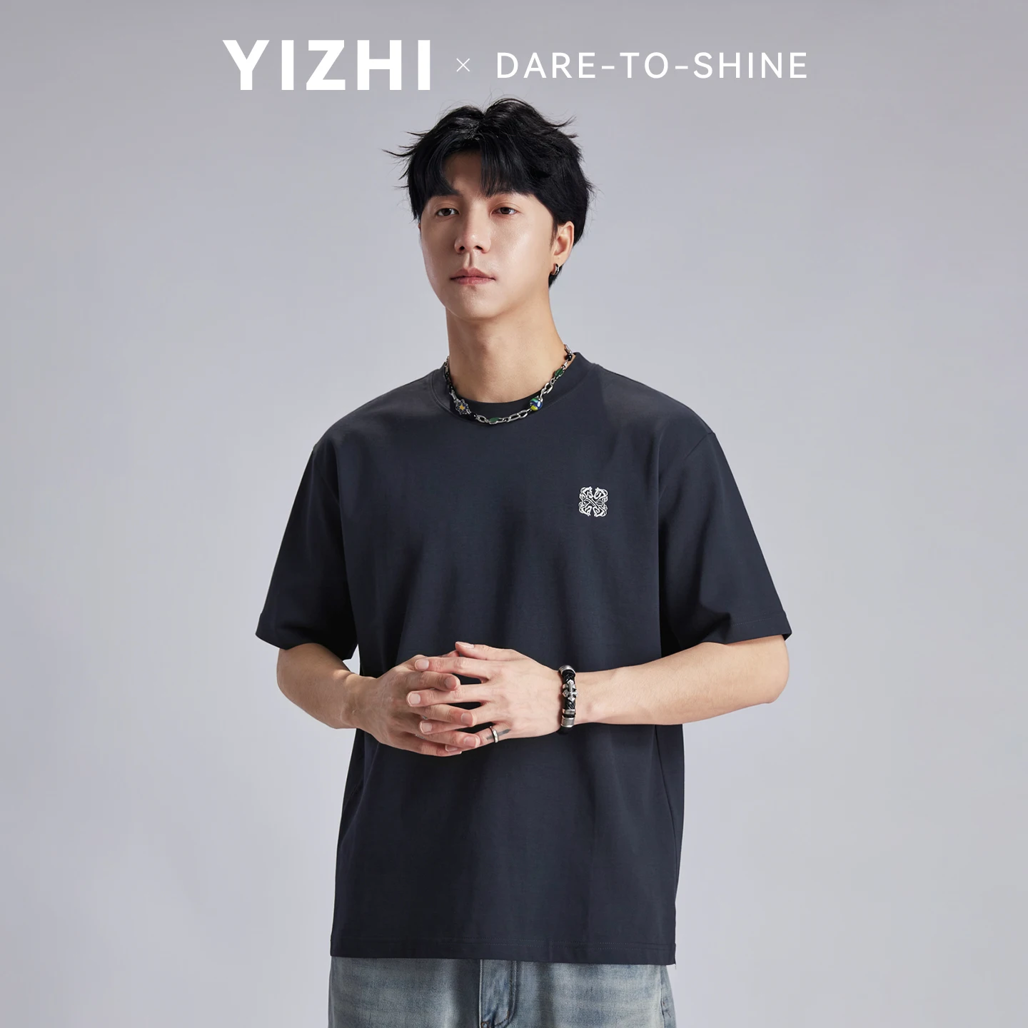 Fashion Men's 210g Heavyweight Embroidery T-shirt 2026 Summer Solid Color Loose Drop Shoulder Soft Casual Short Sleeve Tops