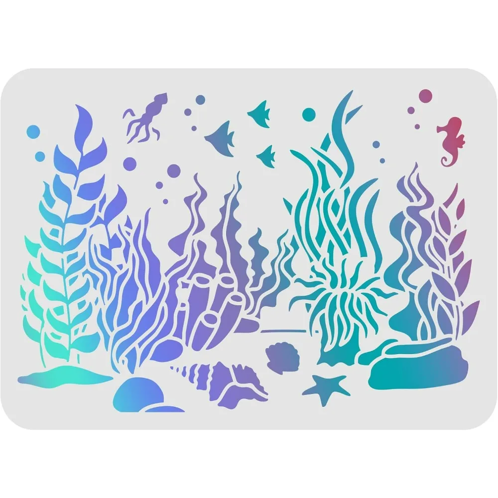 Seaweed Stencil 11.7x8.3inch Underwater World Stencil Shell Octopus Seahorse Conch Sea Ocean Creatures Stencil Ocean Theme