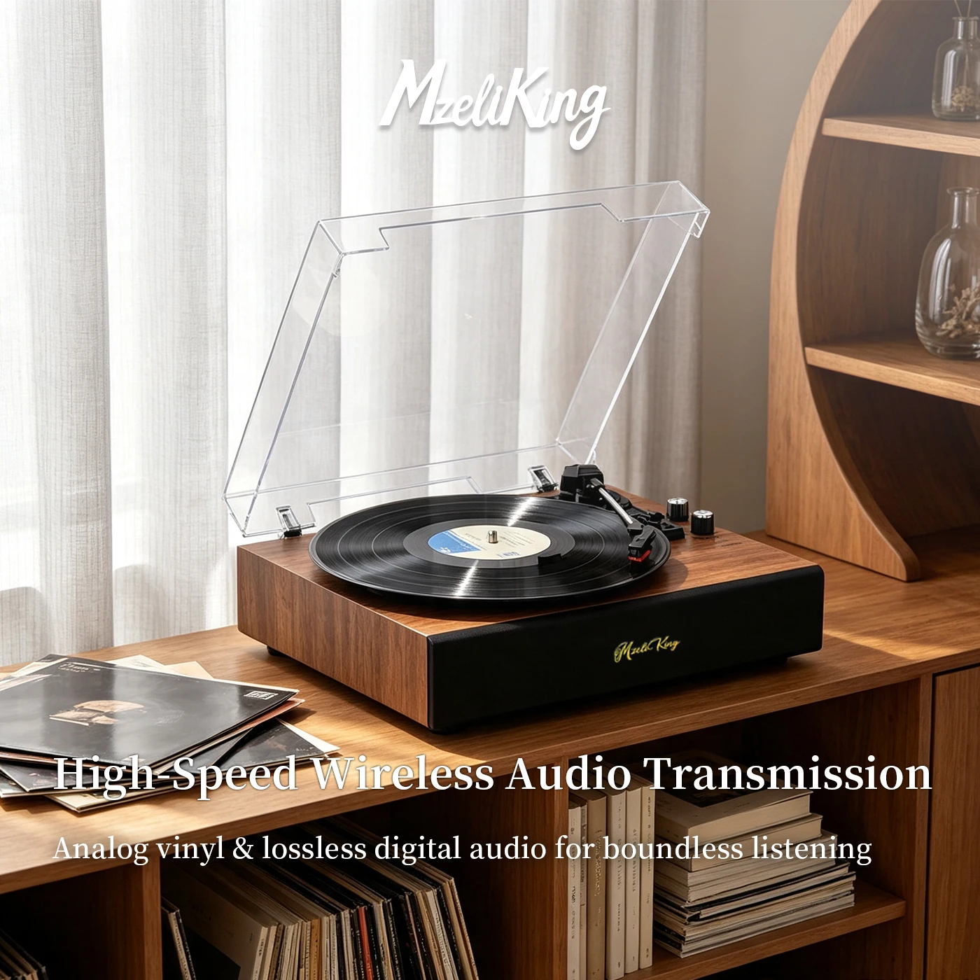 Vinyl Record Player with Wireless Connectivity, Dust Cover, and Built-in Speakers (No External Audio System Required)