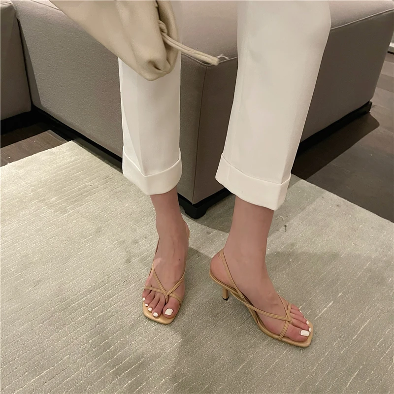 Brown Thong Heeled Sandals Ladies Square Toe White Low Heel Designer Sandals Summer Shoes For Women Comfort Sandalias De Mujer