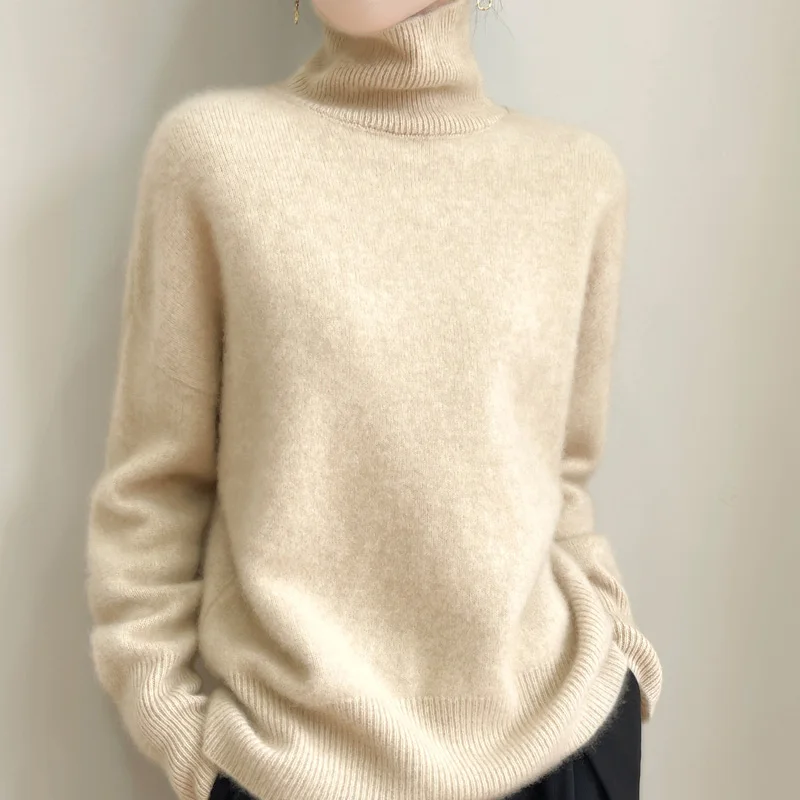 2024 New Women's Classic 100% Pure Wool Pullover Long Sleeve High Collar Casual Fashion Basic Sweater High Quality Knitted Top