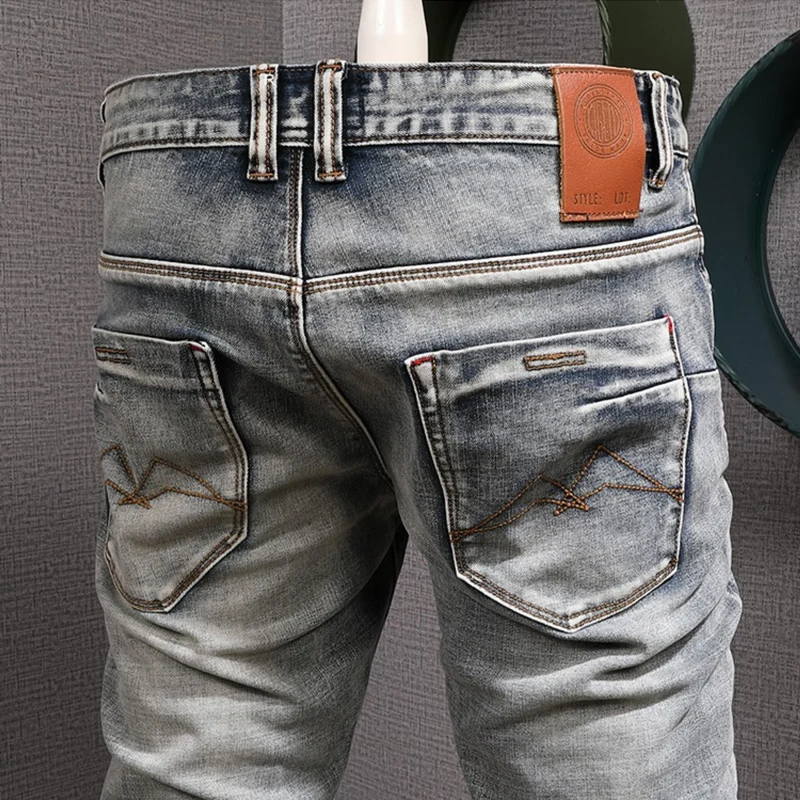 

Y2K fashion new men's jeans stretch slim fit washed nostalgic grab jeans Italian style motorcycle light blue jeans