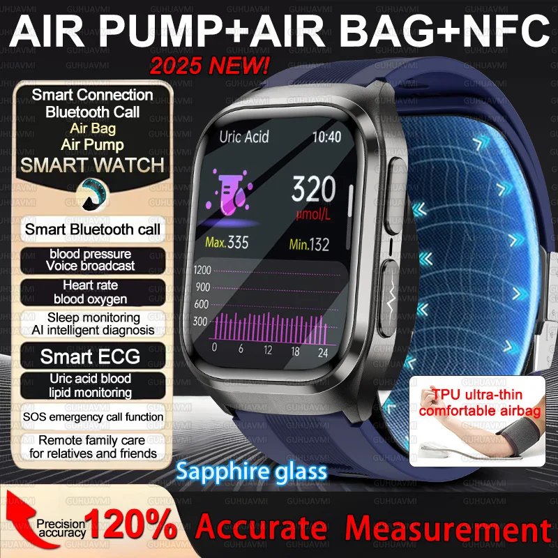 2025 New Nursing Grade Air Bag Smart Watch Men Blood Fat ECG+PPG Blood Pressure Broadcast NFC HD BT Call Health SmartWatch Woman