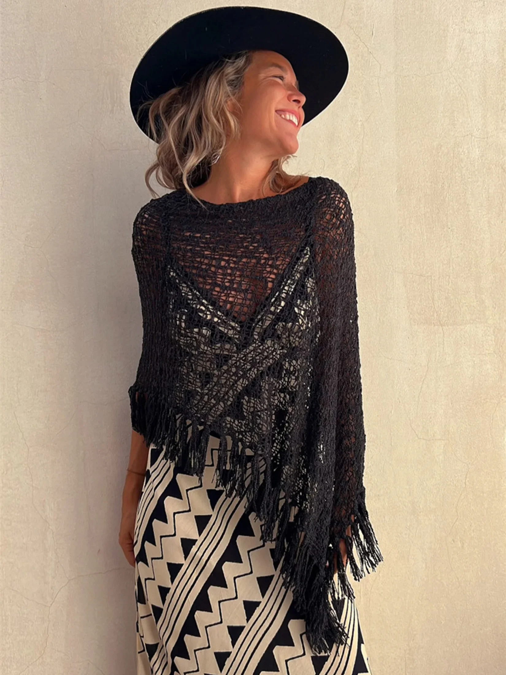 2024 Spring Summer Sexy Mesh See Through Bat Sleeve Top  Fringe Knit Pullover Cape Shawl Women's Swimsuit Cover-Ups A2876