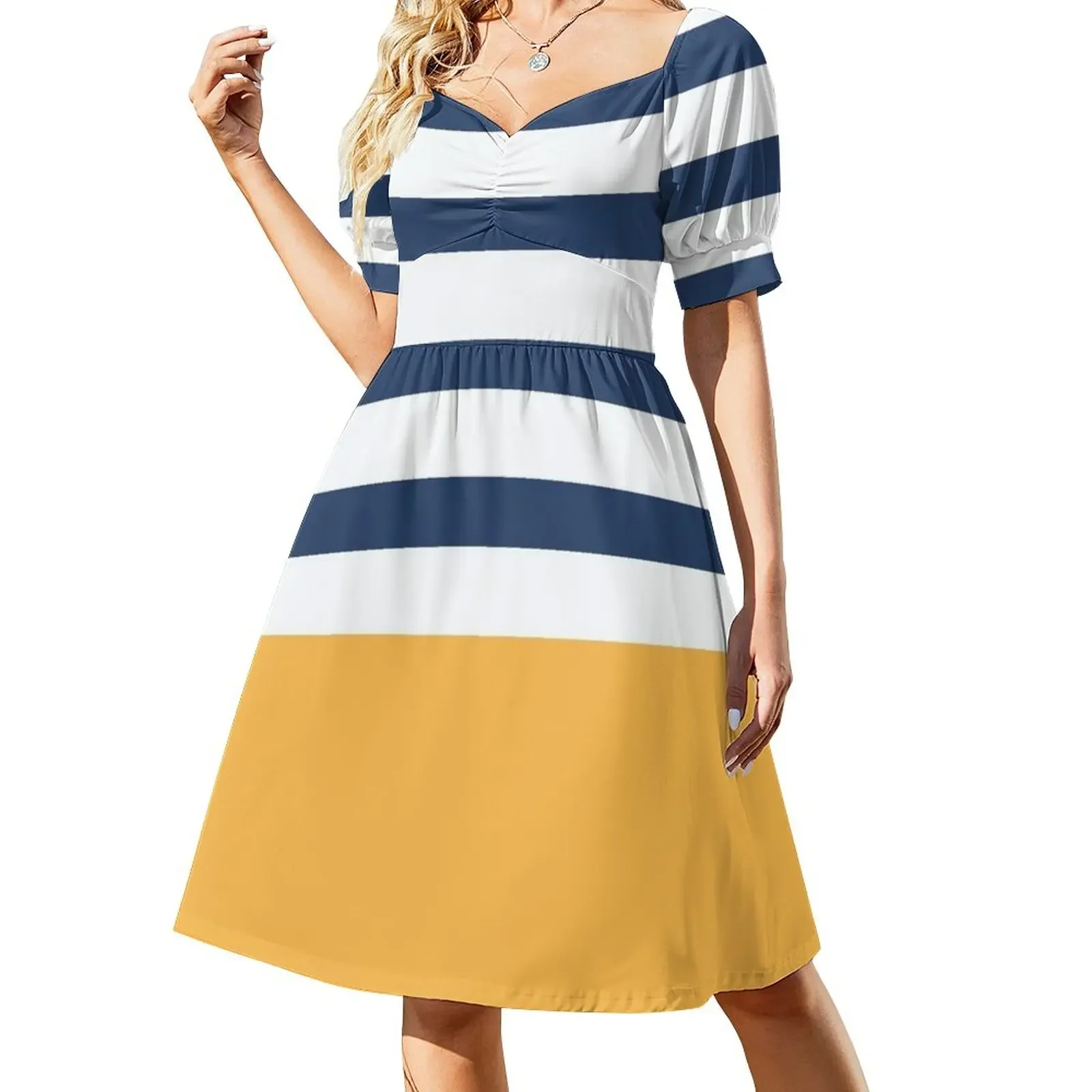 

Blue and white stripes with yellow Short-Sleeved Dress women's clothing summer 2025 novelties summer dress