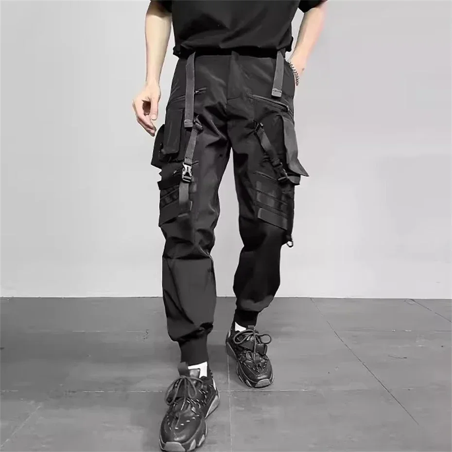 Pantalones Cargo tácticos de Hip Hop para hombre, pantalones para correr con cintas, cintura elástica funcional, ropa de calle a la moda, primavera 2025