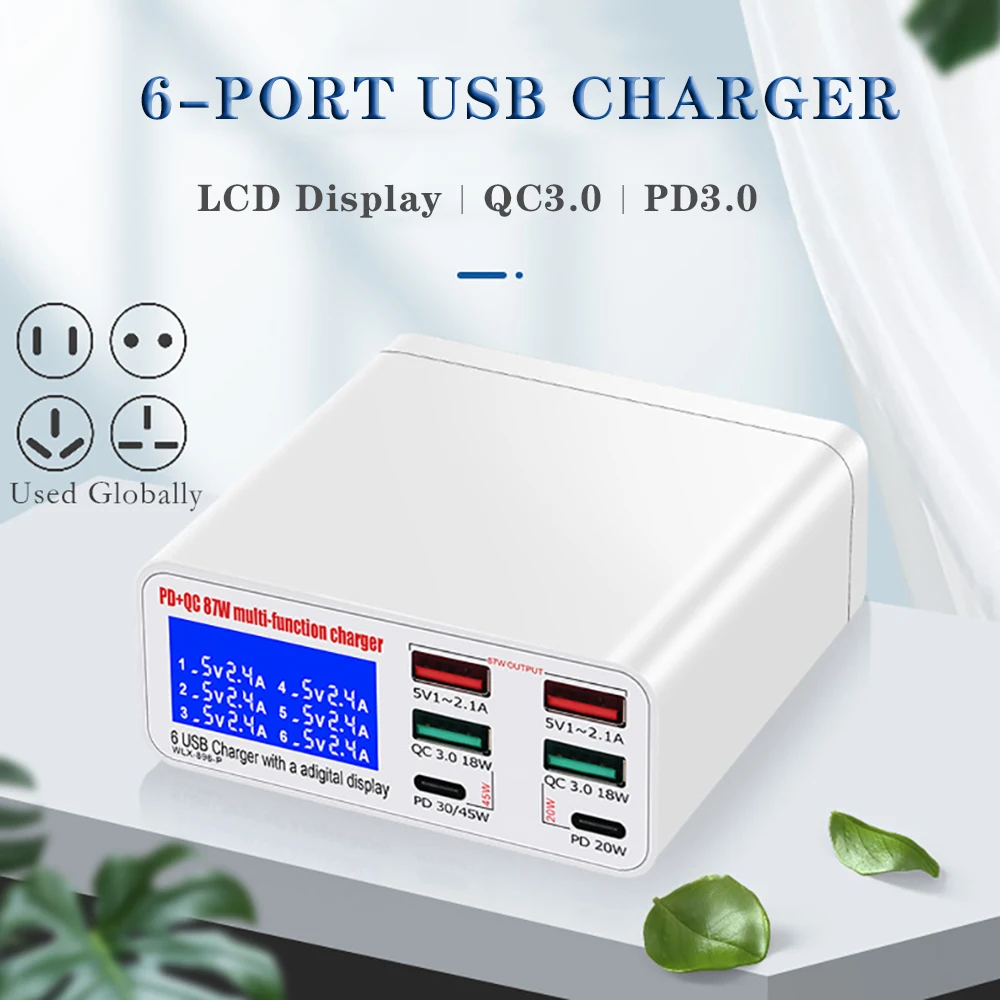 6-Port USB Charger PD USB C Fast Charger for iPhone 15 14 Pro iPad Quick Charge Phone Charger Adapter for Huawei Samsung Xiaomi