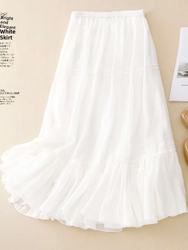 

Ele Double Layered Hemp f Skirt with Embroidered Lace Patchwork Cotton Linen A-Line Gown for Women Mid-Length Vintage ...