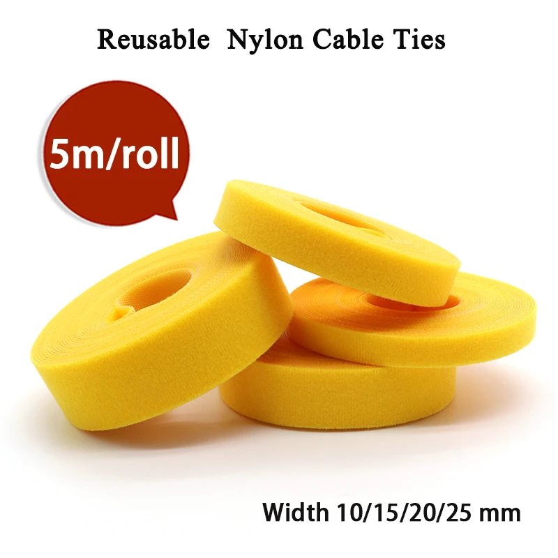 

5m/roll Cable Ties Reusable Loop Bundle Self Adhesive Yellow Nylon Strap Organizer Clip Wire Holder Management Fastening Tape