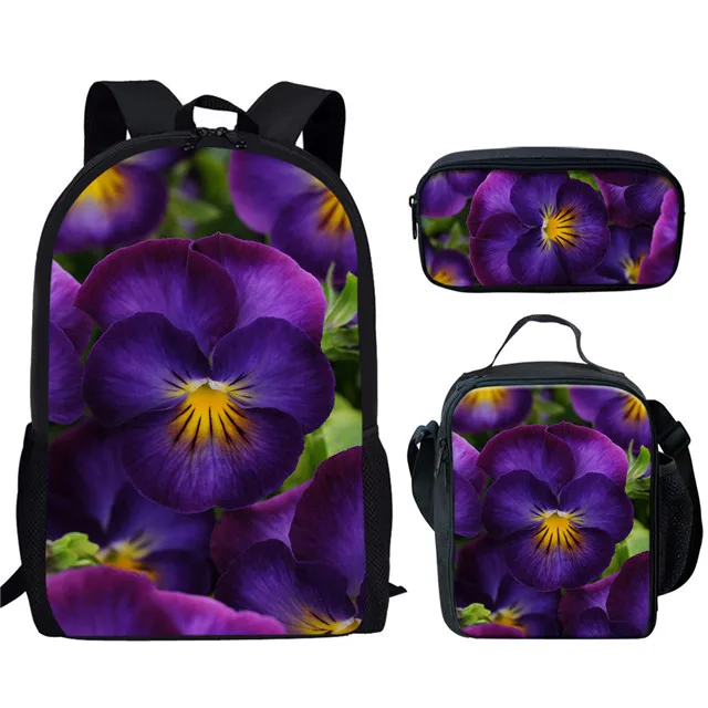Cartoon Novelty Cool Beautiful Purple Lilac 3D Print 3pcs/Set pupil School Bags Laptop Daypack Backpack Lunch bag Pencil Case