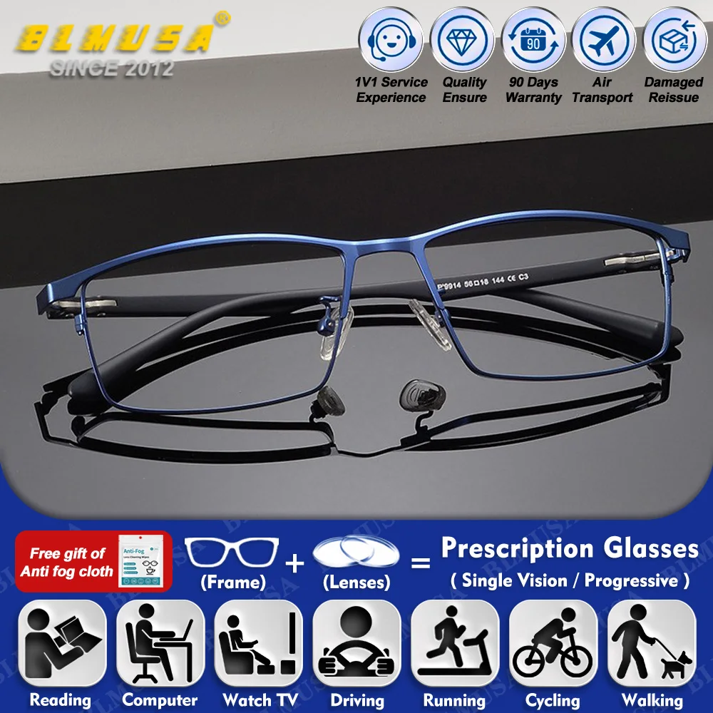 

BLMUSA (L) Business Titanium Square Frame Anti Blue Ray Photochromic Reading Glasses Men Optical Multifocal Prescription Eyeware
