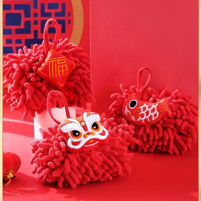 Red Lion Dance Handkerchief – Chinese New Year Cartoon Kitchen Towel, Cute Holiday Gift Decor