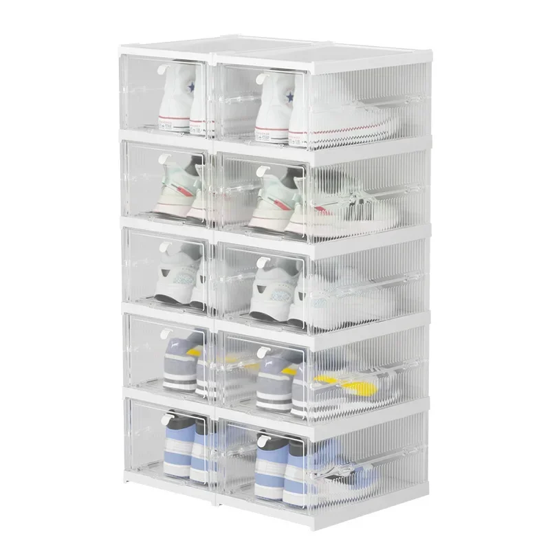 no installation, space-saving， Multi-pair foldable shoe box, white/brown, diamond panel, 3-tier, clear panel, simple  shoe rack