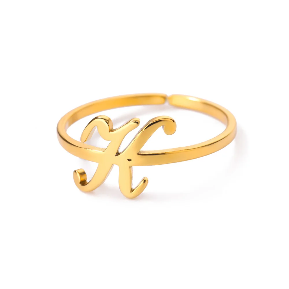 Initial Letter Rings for Women, Gold Color Adjustable A-Z Ring