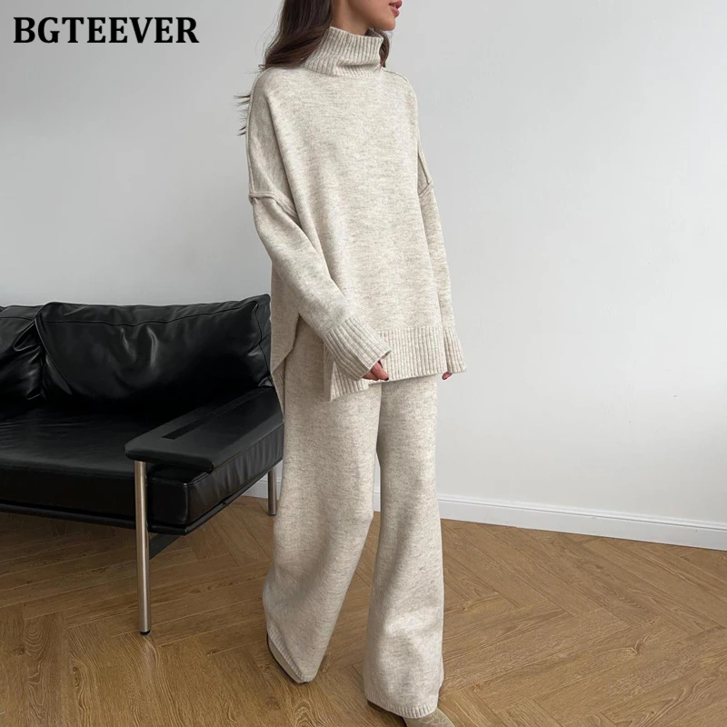 BGTEEVER Stylish Loose Women Knitted Trousers Set Long Sleeve Split Turtleneck Sweaters Female Floor-Length Straight Pants