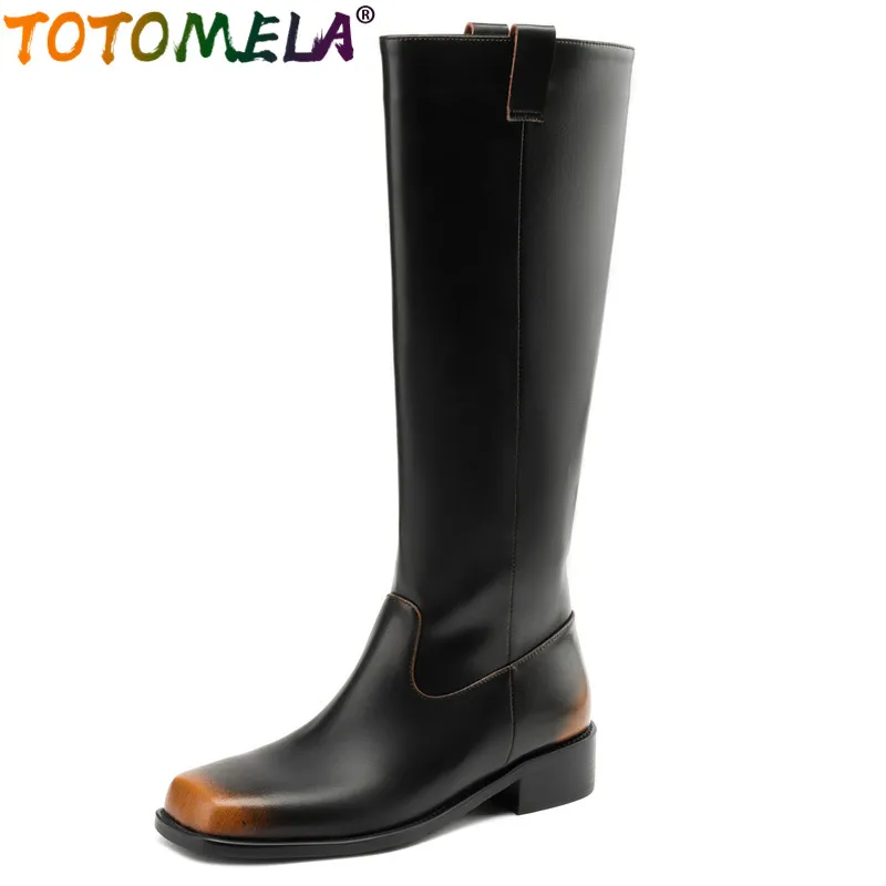 

TOTOMELA 2024 New Retro Genuine Leather Mixed Colors Boots Female Slip On Winter Boots Square Med Heels Knee High Boots