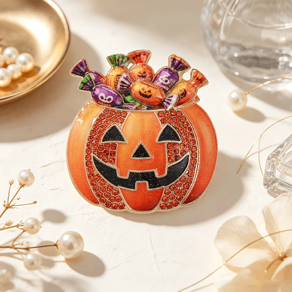 1pc Gothic Rhinestone Pumpkin Brooch Pin - Sparkling Inlaid Rhinestone Enamel Suitable for Parties, Year-Round Wearable Gift