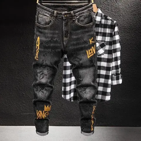 Fashion High-end Korean Luxury Streetwear Punk Casual Slim Fit Denim Jeans for Spring and Autumn with 3D Embroidery Design Jeans