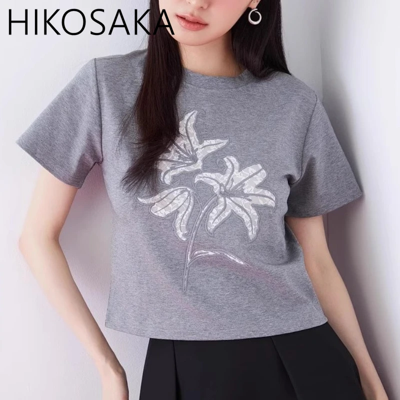 

Spring Summer Japan New Fashion Pullover Tee O-neck All-match Short Sleeve Casual Crop Top Lace Floral Embnroidery Sweet Tshirt