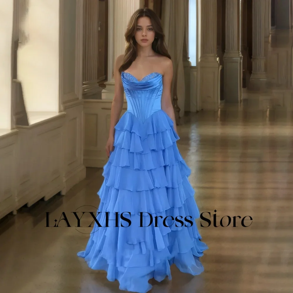 ชุดราตรีแฟชั่น LAYXHS สีฟ้า ทรงหวาน แบบเอไลน์ ระบายชั้นๆ ยาวกรอมพื้น ชุดออกงานพรอม สามารถสั่งตัดได้