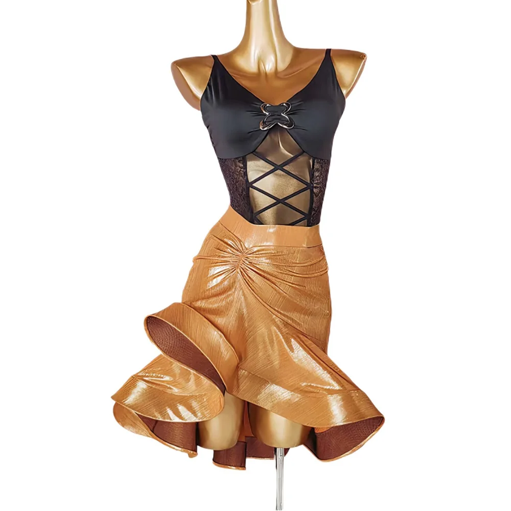 

Women's Latin Dance 2-Piece Set Lace Mesh Leotard + Ruffled Flared Skirt for Salsa Tango Practice Wear