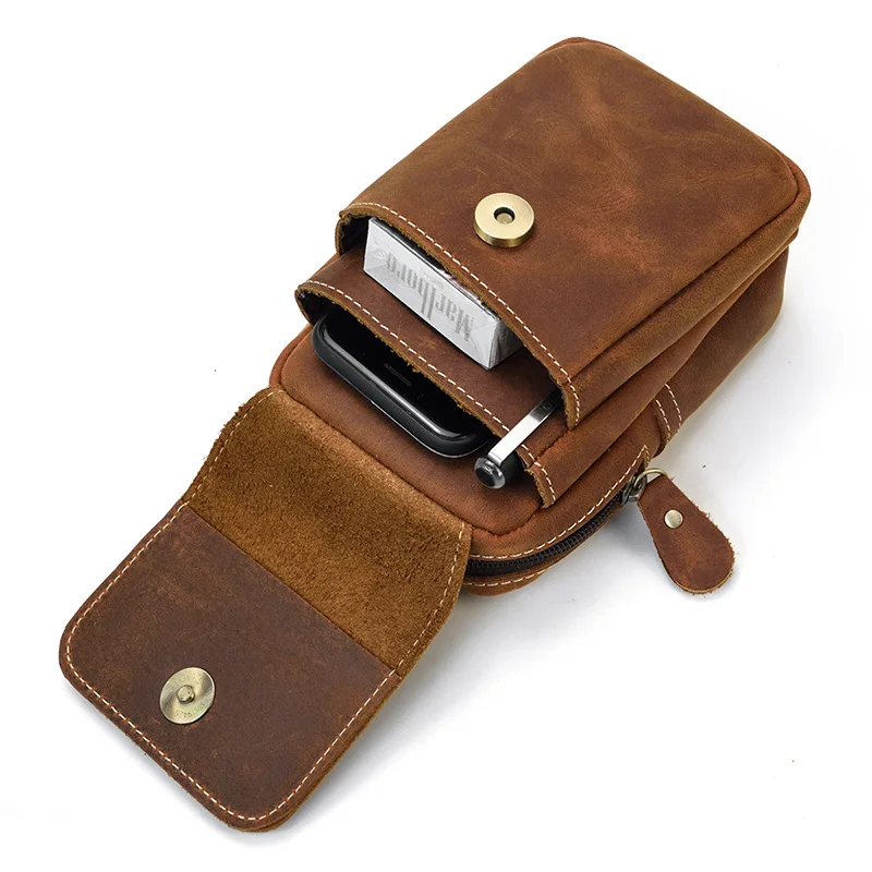 

Men's retro genuine leather waist bag, crazy horse leather double-layer belt hanging bag, mobile phone storage waist bag