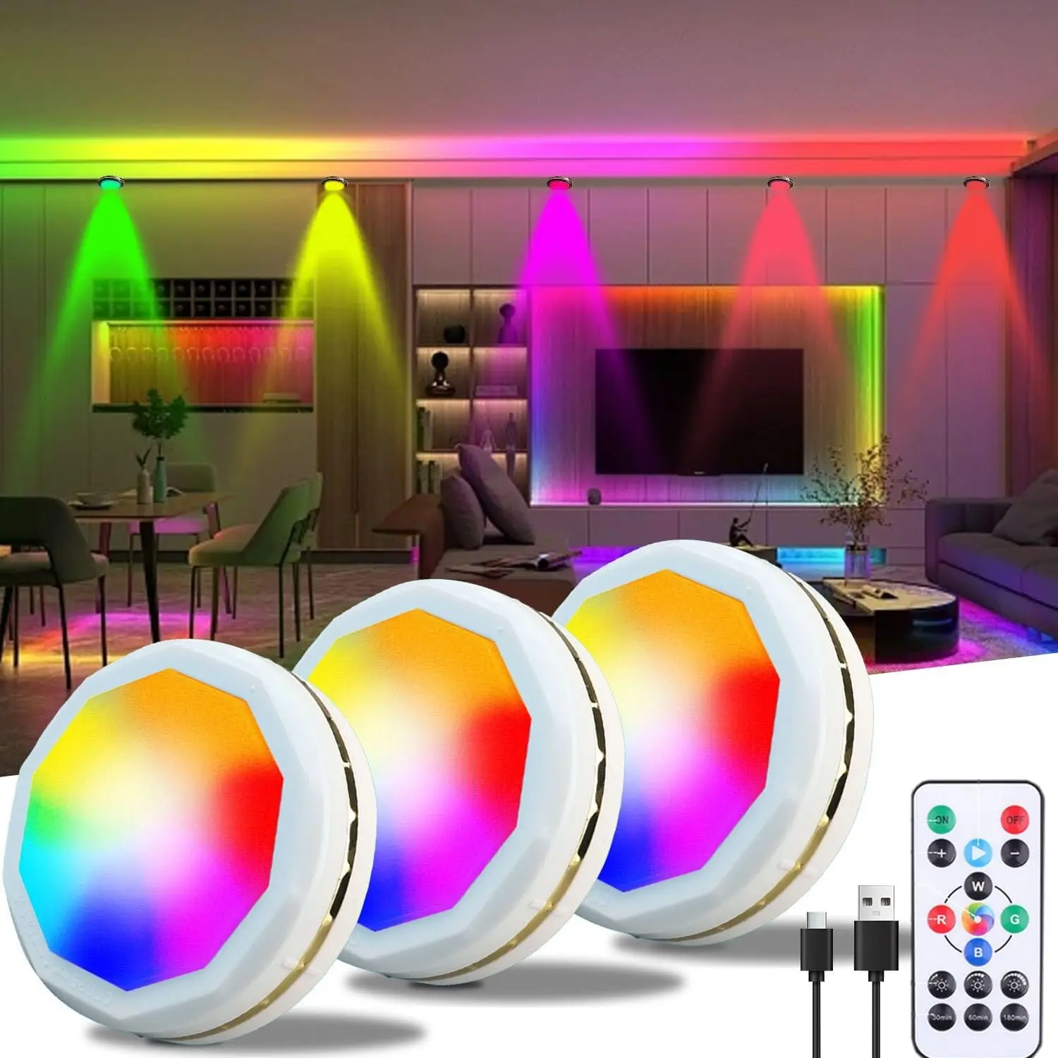 Under Cupboard Kitchen Lights 3 Pack RGB Under Cabinet LED Lights Colour Changing Rechargeable Puck Lamps with Remote Dimmable