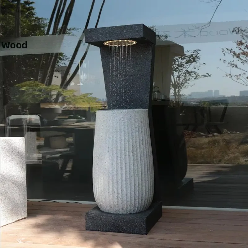 Vertical Two Section Ridged Cylinder Water Flow Ornament Square Flat Base Outdoor Patio Standing Water Scene Decor Craft