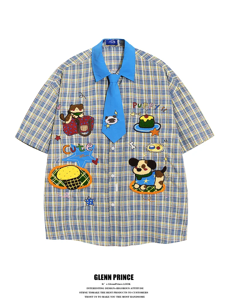 

GPstudio Мужская хлопковая рубашка в японском стиле Lazy Chic с мультяшным принтом, контрастными цветами, клетчатым узором и галстуком, для пар, с коротким рукавом