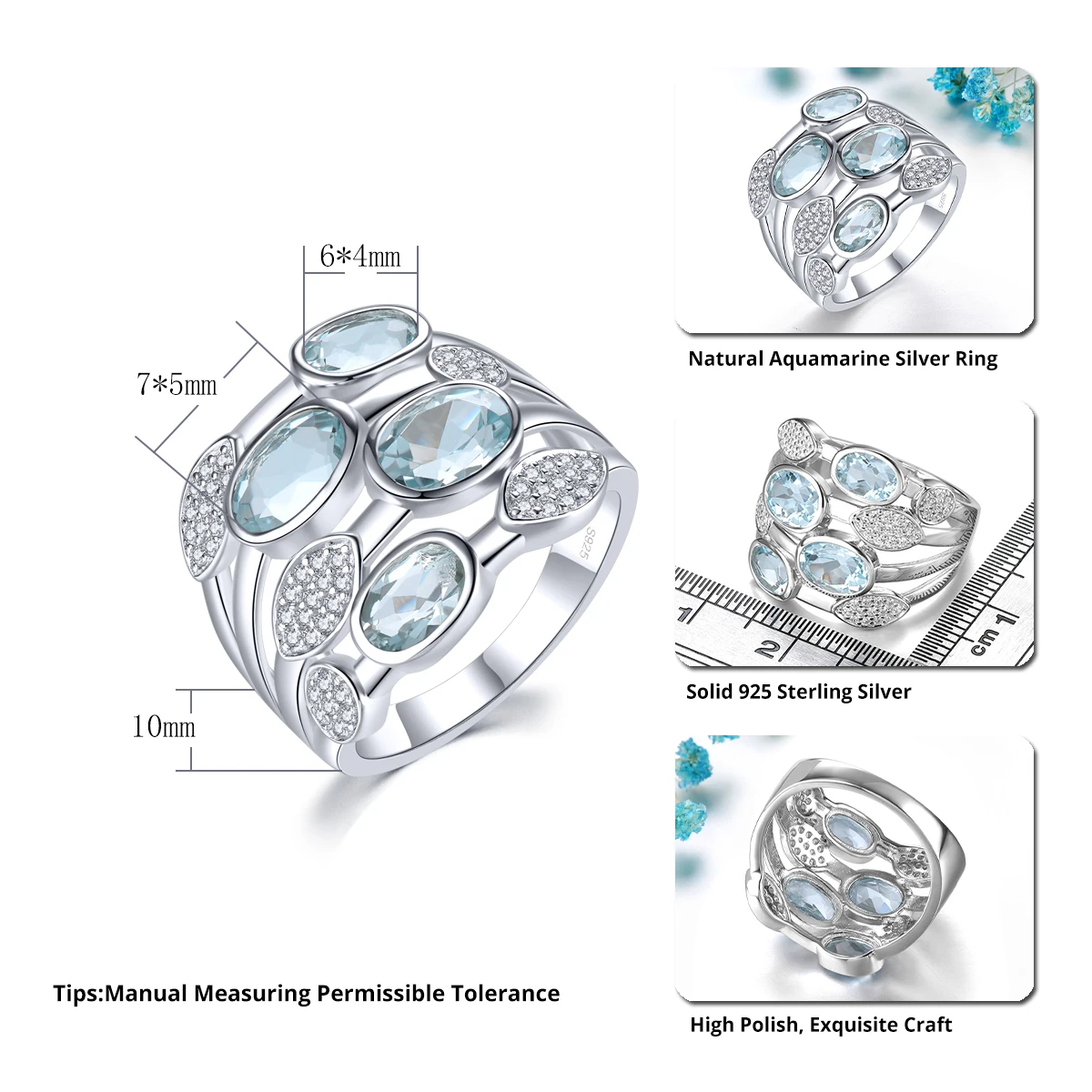 Natural Aquamarine Solid Sterling Silver Rings 2.2 Carats Genuine Light Blue Gemstone Romantic Unique Design S925 Fine Jewelrys