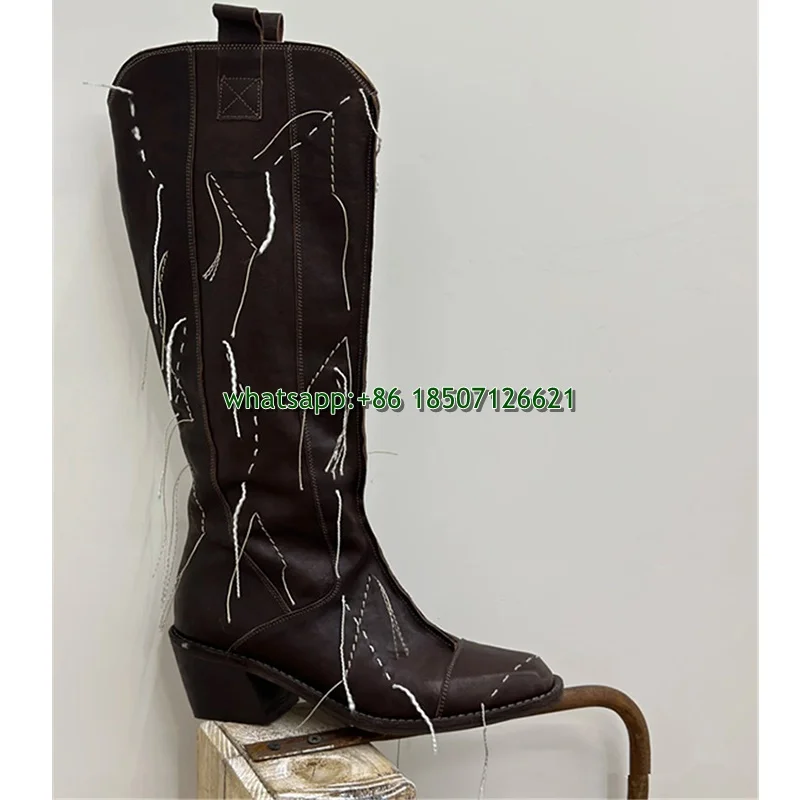 2024 New Personalized Stitching High Boots Pointed Retro V-Neck Handmade Tassel Western Cowboy Boots For Women