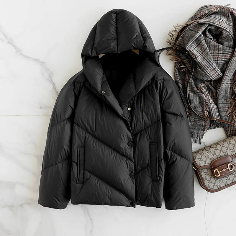 Chaqueta acolchada con capucha informal de invierno para mujer, abrigo cálido suave ultraligero de manga larga 90% plumón de pato blanco, corte holgado, recién llegado 2025