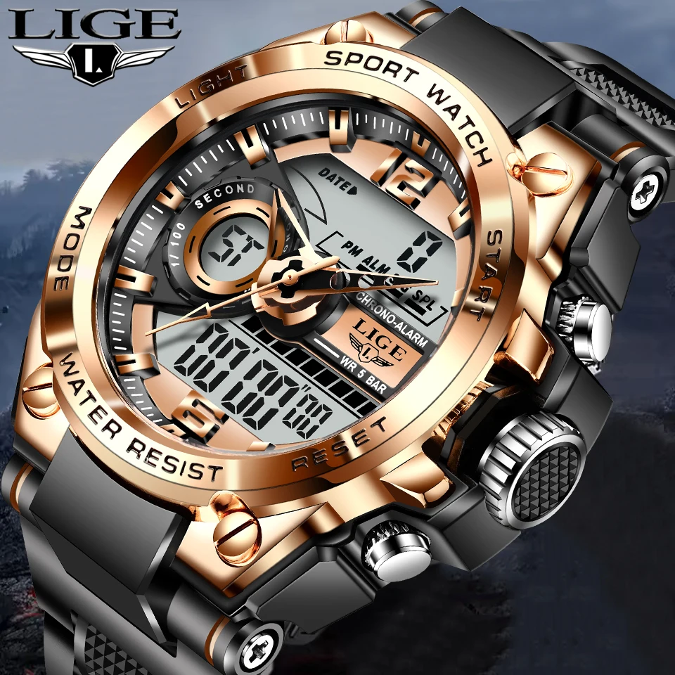 LIGE جديد فاخر كوارتز ساعة مزدوجة كبيرة الرجال موضة عسكرية الرجال ساعة رقمية عادية الأعمال الرياضية مقاوم للماء كرونوغراف الذكور #1