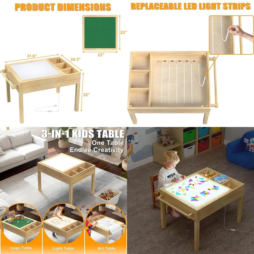 

3-in-1 Children's Activity Table with Storage, LED Sensory, Building Blocks, and Art Station for Ages 3+
