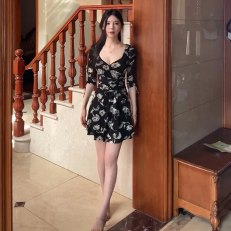 

Ретро-юбка миди А-силуэта с цветочным узором и эластичной сеткой, с завышенной талией, для ранней осени, винтажная, с длинными рукавами, круглый вырез