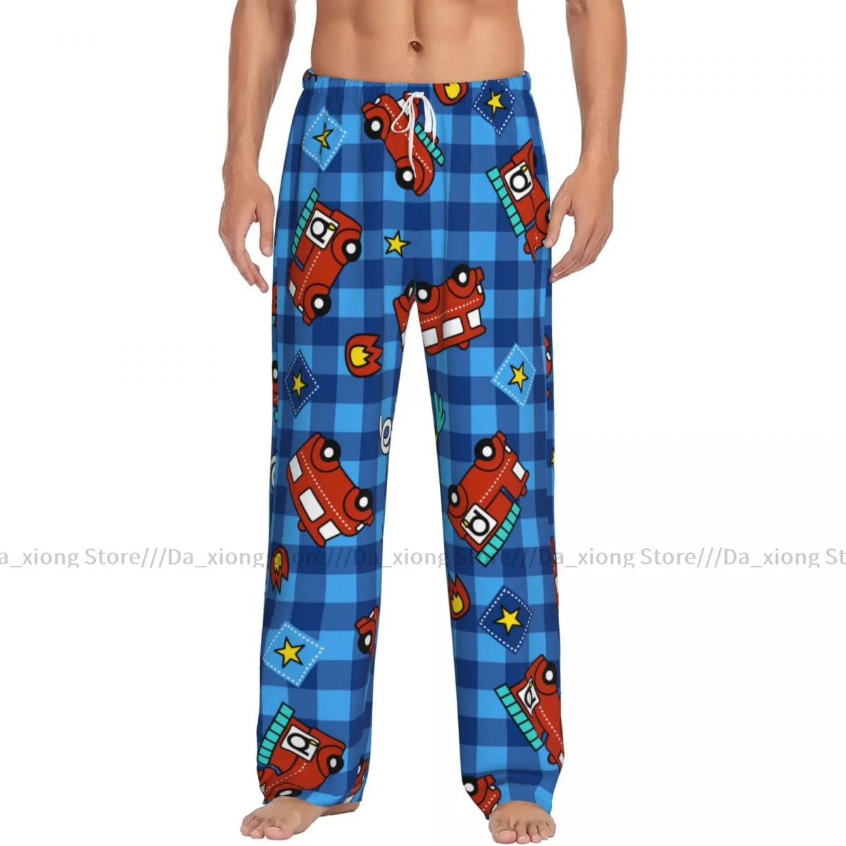 Mens Casual Pajama Long Pant Loose Elastic Waistband Fire Truck On Plaid Cozy Sleepwear Home Lounge Pants