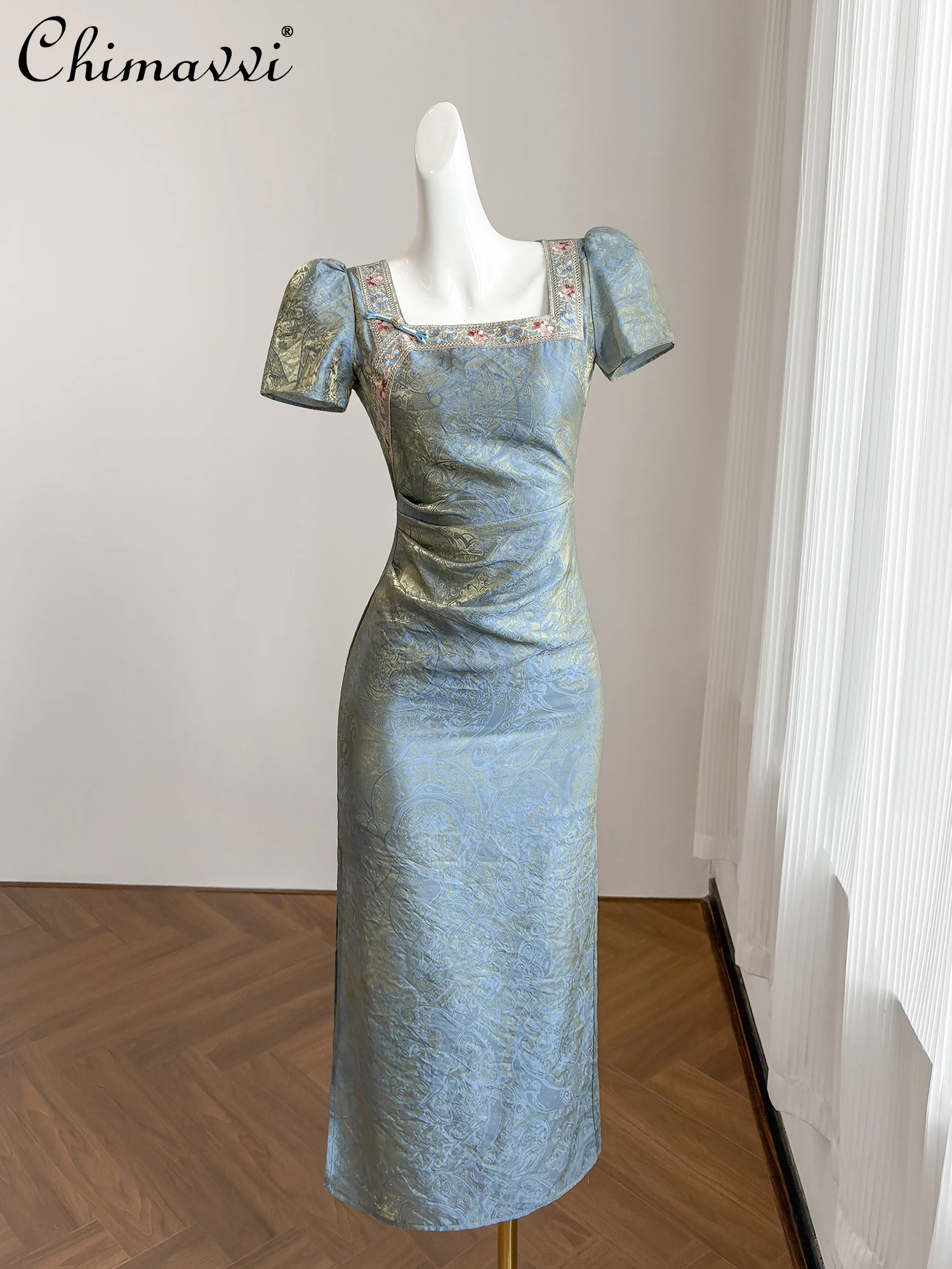 

French Elegant Retro Fashion Blue Long Dress Square Neck Short Sleeve Embroidered Floral Temperament Evening Dress Women Summer