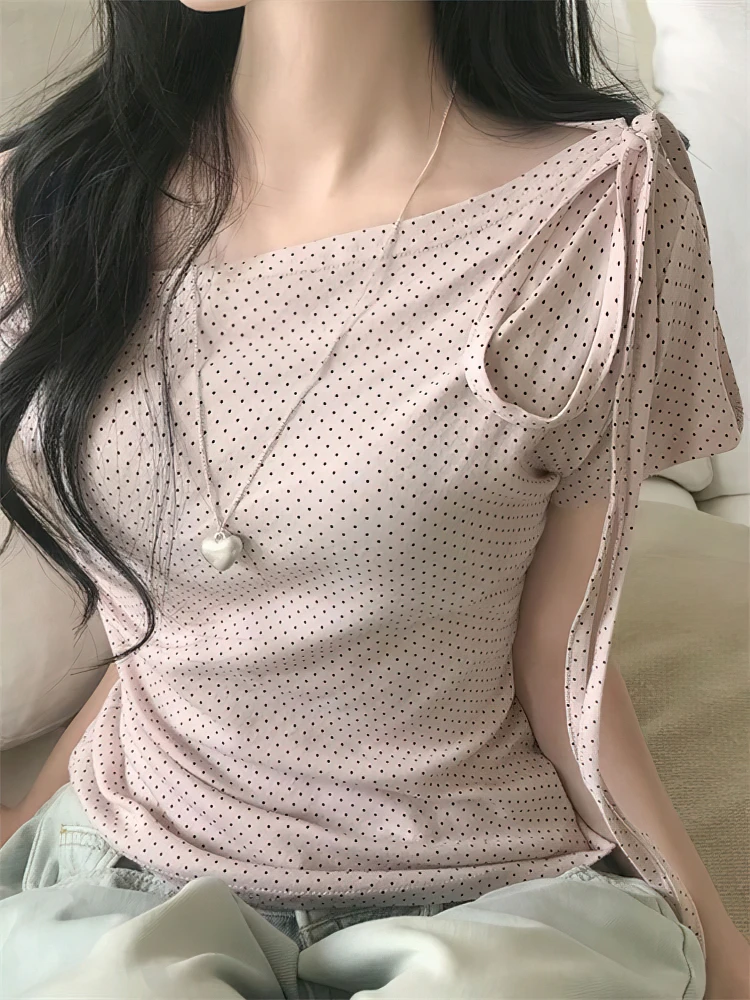 Elegant Polka Dot Bow tied Off shoulder Summer Top Women Irregular Short sleeve T shirt Korean Slim fit Casual Plain Tees