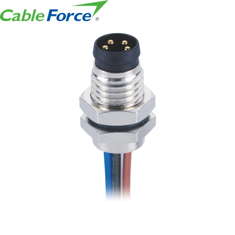 M8 a Code Male 4 Pin Front Panel Mount Connector with 0.5M Single Wires M8 Waterproof Circular Panel Mount Connector