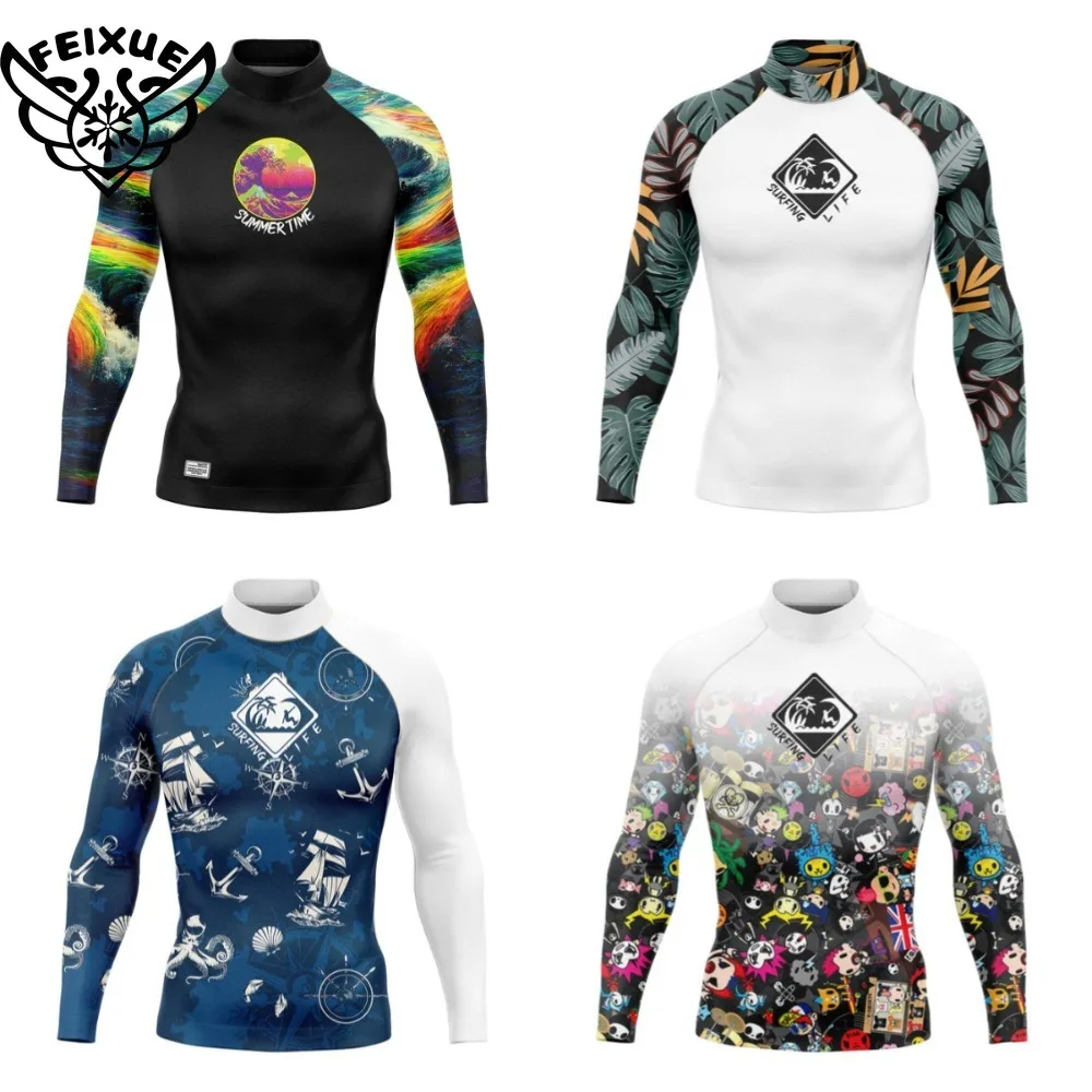 

2025 Men's Long Sleeve Surf Shirt Rashguard UV Protection Beach Sunwear Swimwear UPF Gym Clothes Diving Suit Swimming Coach