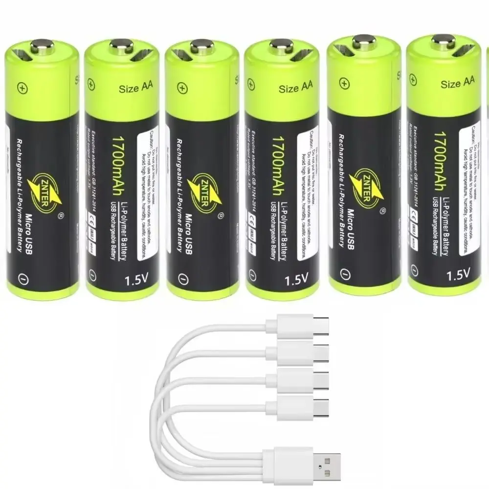 

6pcs/lot ZNTER AA rechargeable battery 1700mAh USB 1.5V rechargeable lithium polymer battery mouse camera microphone AA battery