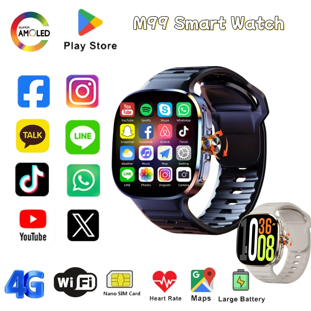 

M99 Android Смарт-часы Сетевая SIM-карта 4G 1,95 дюйма AMOLED 480*480 Большой экран 190 ° Вращающаяся камера, приложение для загрузки, умные часы для мужчин