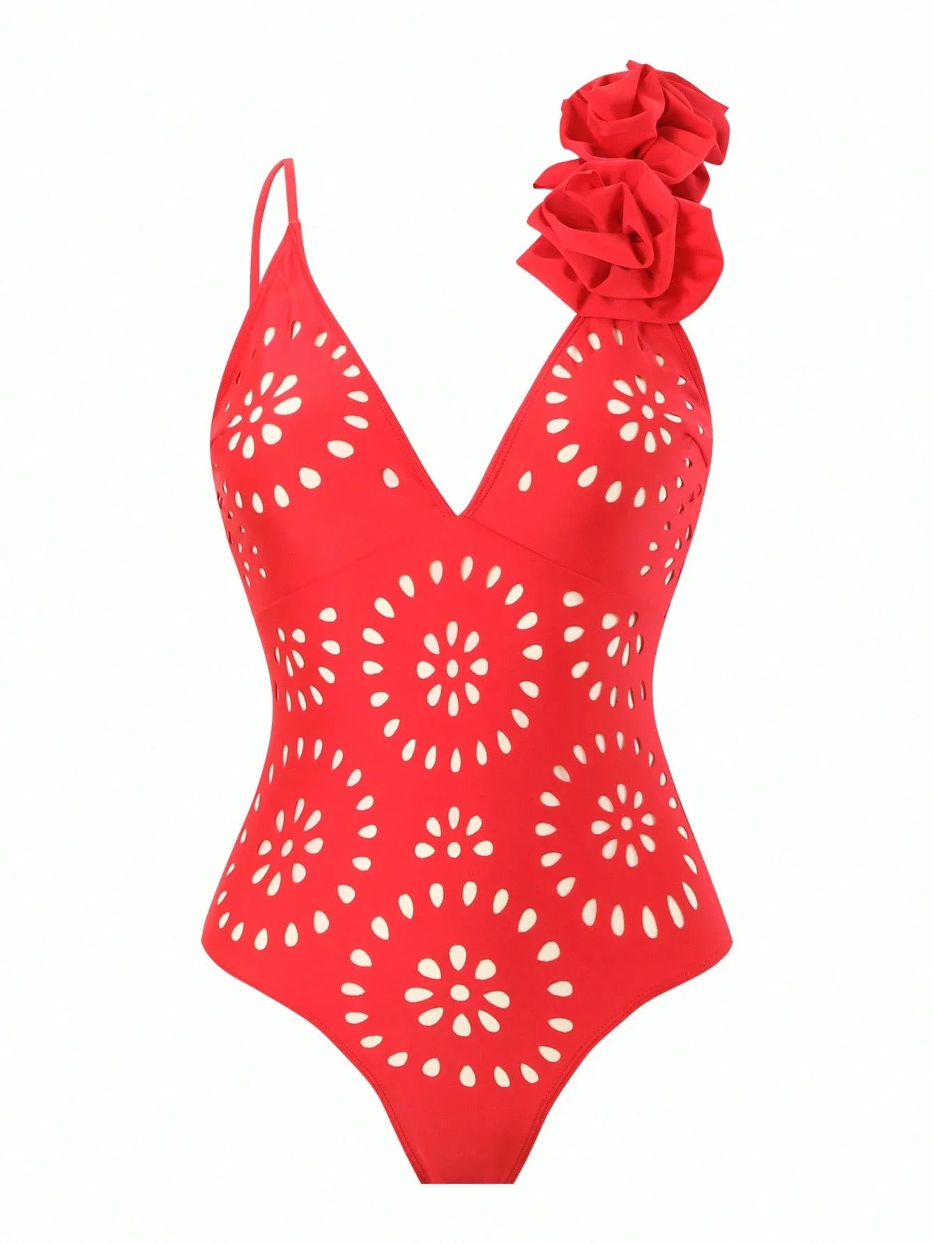 

Красный купальник с цветочным принтом, вырезом на шее и одним открытым плечом, в комплекте с юбкой