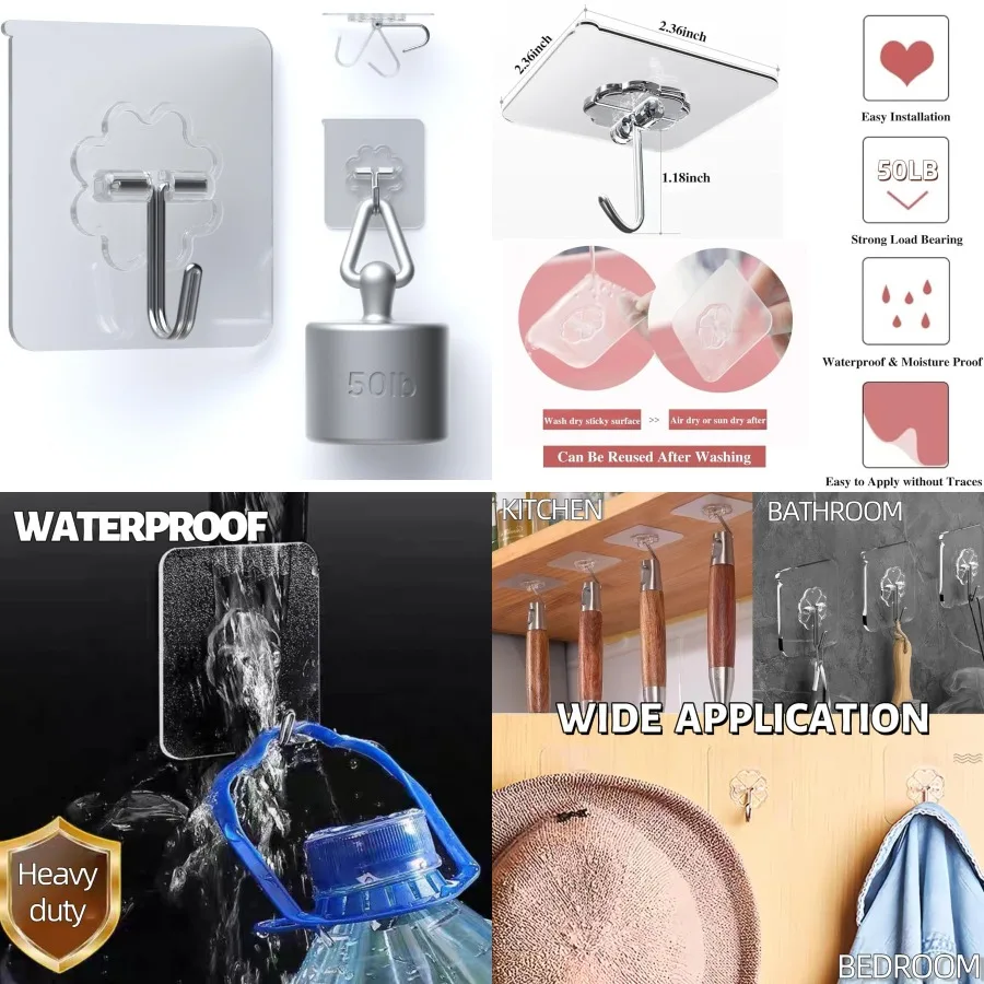 24 Packs Transparent Reusable Waterproof Adhesive Hooks for Heavy Duty Wall Hanging Ideal for Kitchen Curtains Towels and Bathr