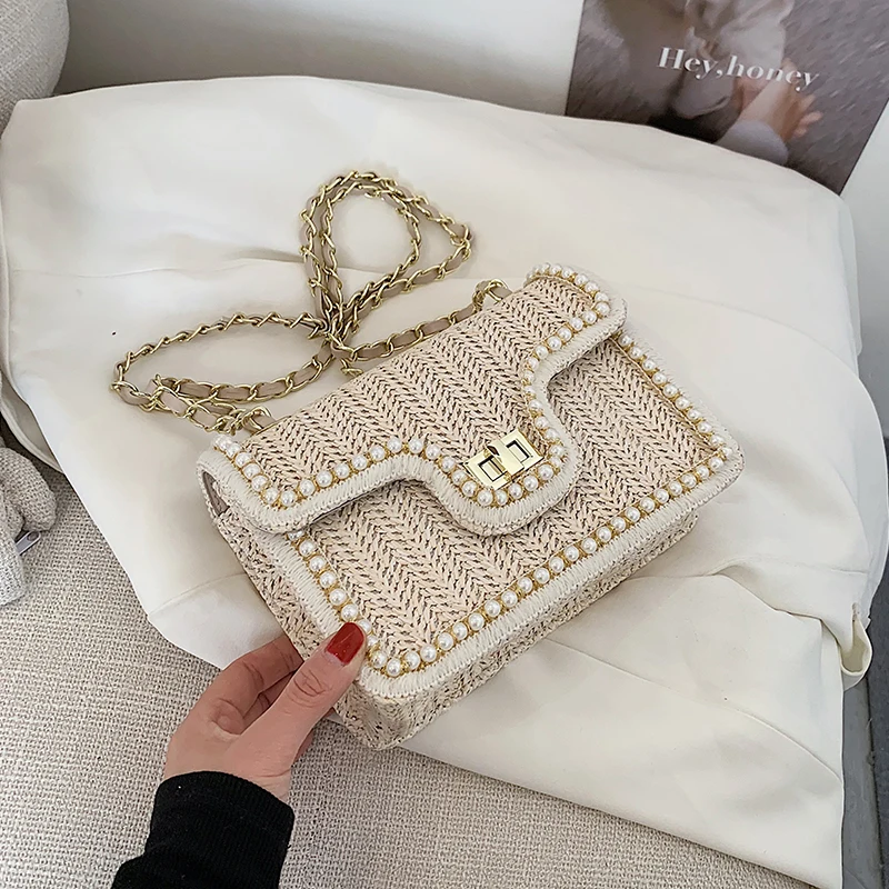 Lizzytsu Small Fragrance Style Luxury Flap Pearl Party Shoulder Bag Vintage Casual Crossbody Bag Korean Square Mini Message Bag