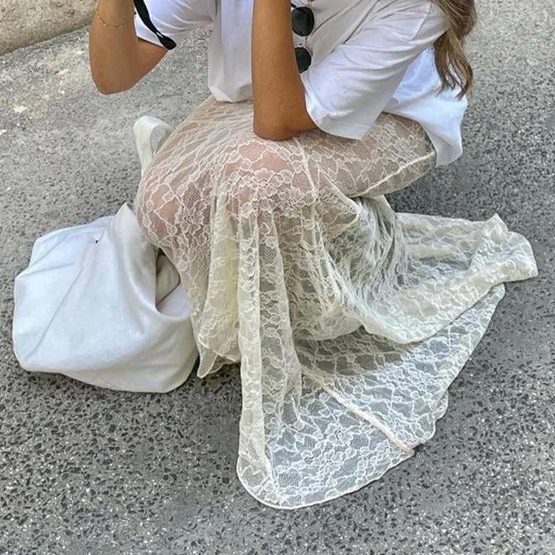 Women Lace Fishtail Skirts High Waist Bodycon Long Skirt Summer Fall Sexy Vintage Streetwear Y2K Aesthetic Clothes